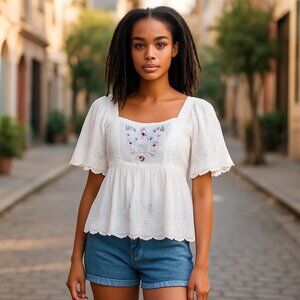 $34.99 NWT Old Navy Baby Doll Top Womens M White Swiss Dot Smocked Floral Embroi